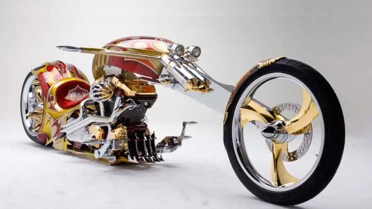 Yamaha BMS Chopper luxury bike from the 10 Most Expensive Motorcycles in the World with 24-karat gold and velvet seat.