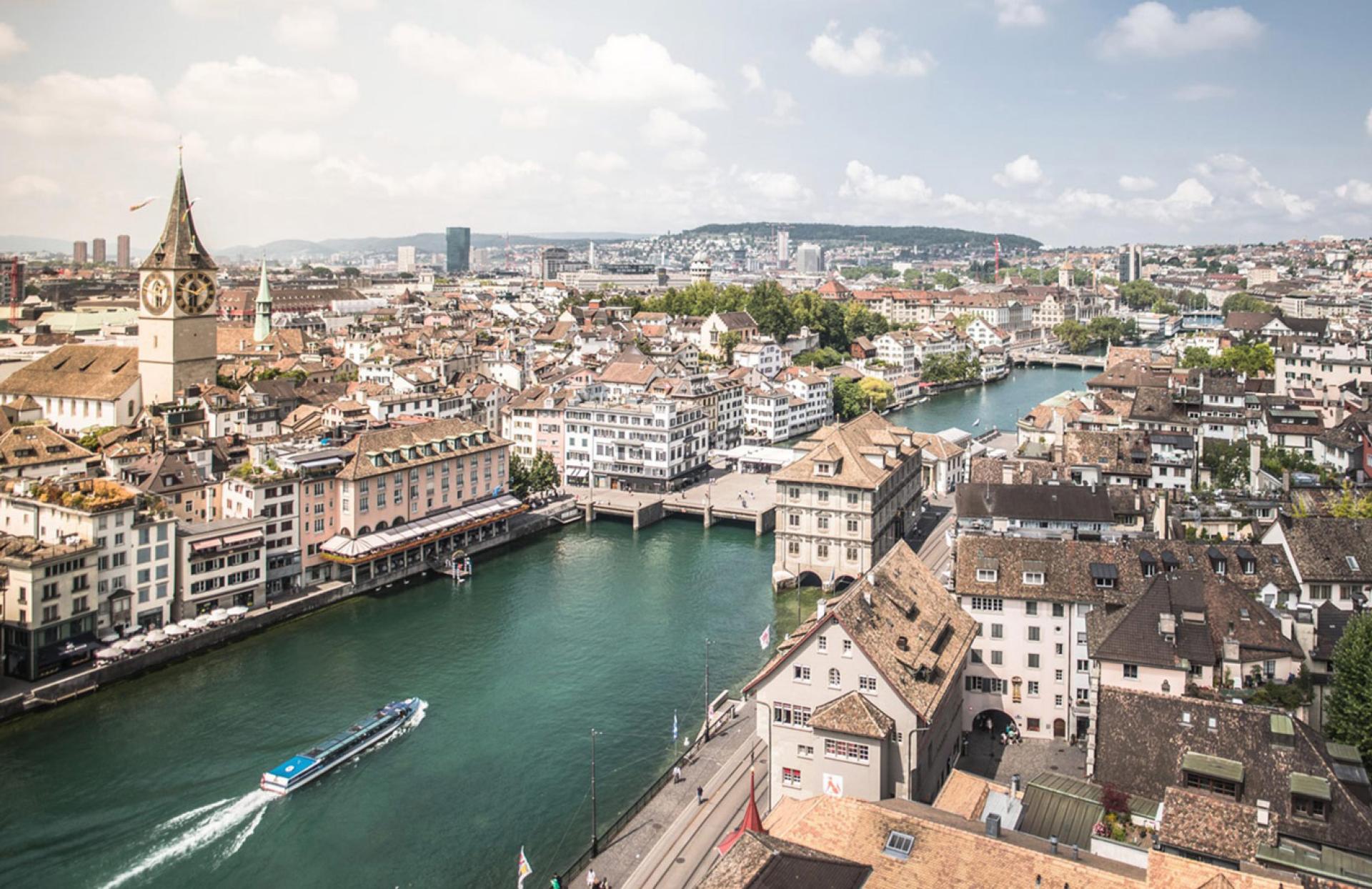 Aerial view of Zurich city center – listed in the 10 Most Expensive Cities for Startups and Business in Europe.