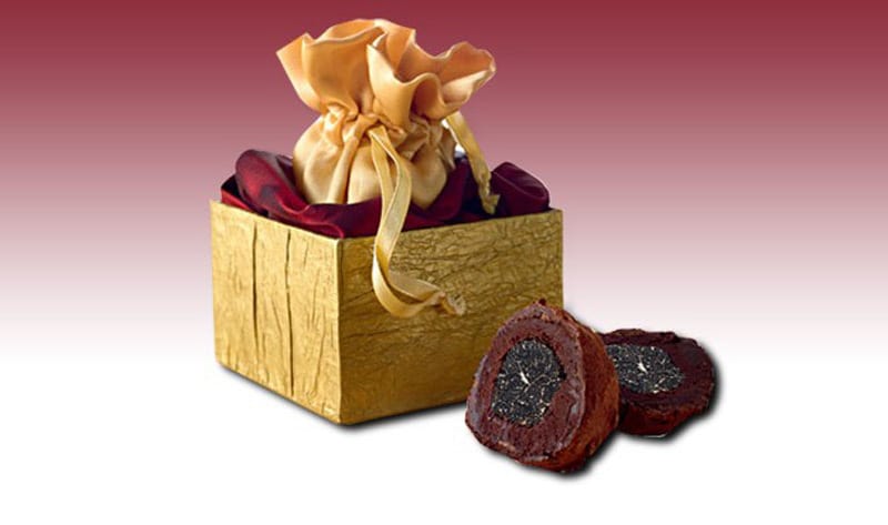 La Madeline au Truffe from the 10 Best Chocolates in the World with black truffle center and elegant presentation.