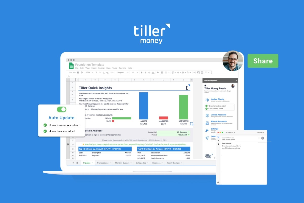 Tiller Money Google Sheets integration screenshot from 10 Top Personal Finance Platforms for custom tracking.
