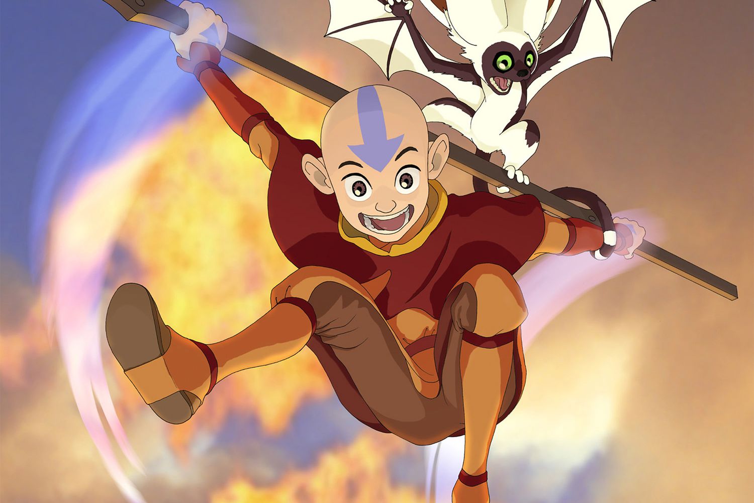 Aang in a battle stance with elemental powers from the 10 Most Popular Cartoons in the World series.