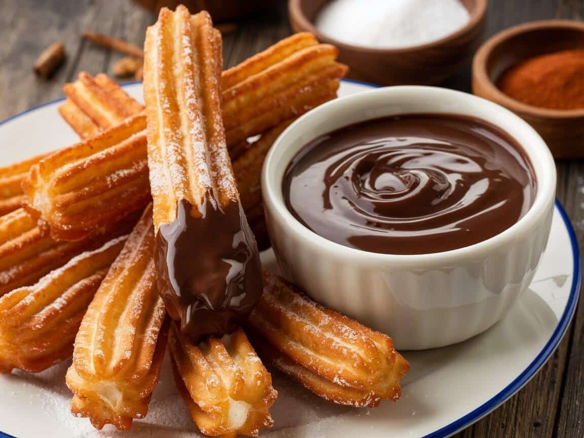Spanish churros dusted with sugar and served with chocolate — part of the 10 Most Famous Street Foods in the World.