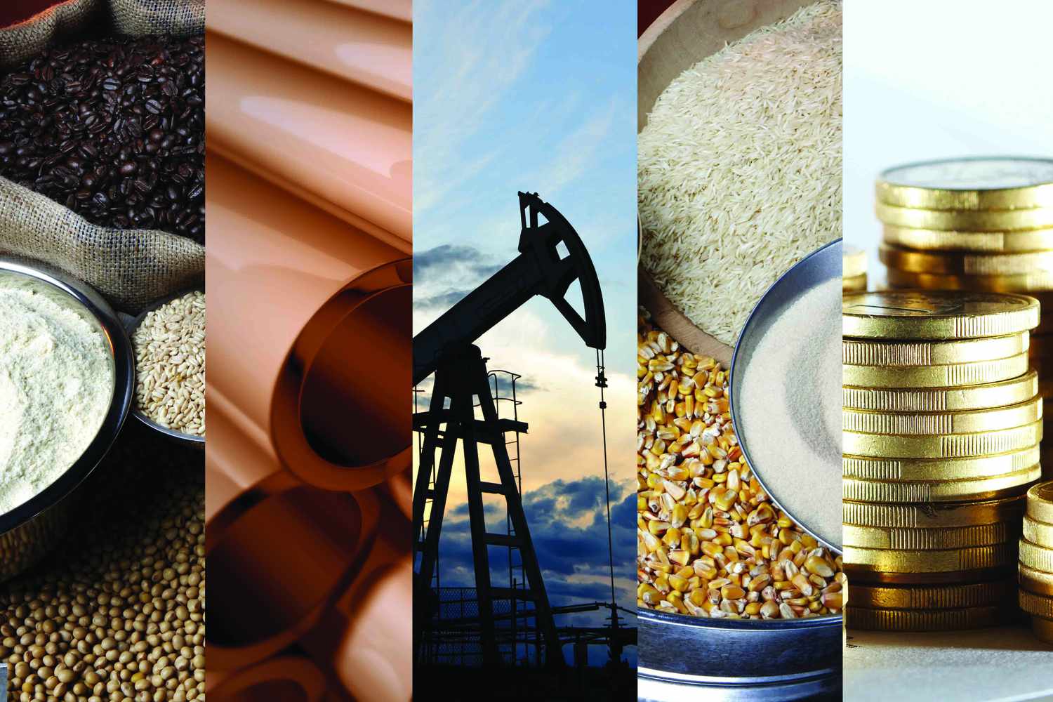 Gold bars, oil barrels, and wheat symbolizing Commodities in the 10 Most Popular Investment Options for inflation hedging.
