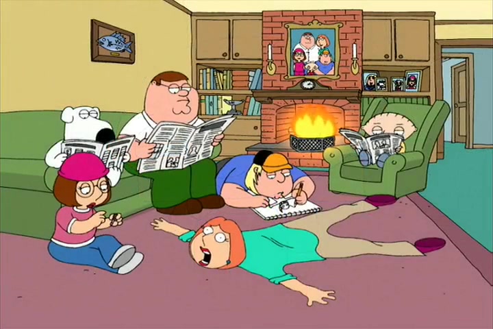The Griffin family sitting together in a scene from the 10 Most Popular Cartoons in the World.
