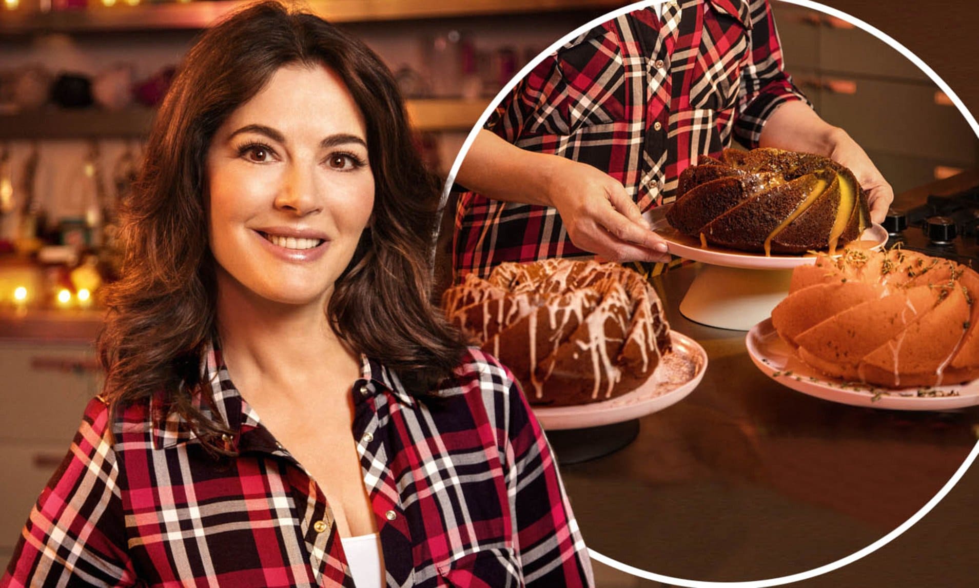 Nigella Lawson presenting chocolate cake – featured in the 10 Most Famous Chefs in the World for her elegant home-style cooking.