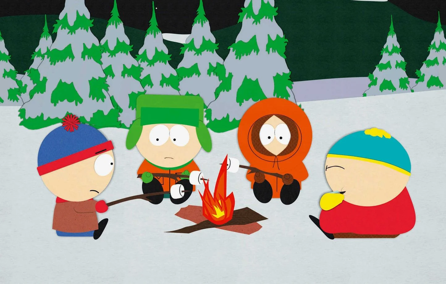 South Park’s main characters standing in front of snowy townscape from the 10 Most Popular Cartoons in the World.