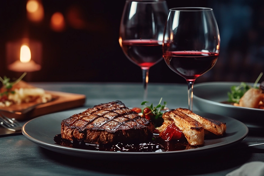 Succulent steak paired with red wine featured in the Luxury Fine Wines and Spirits Buying Guide for bold flavor experiences.
